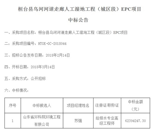 東省環(huán)科院環(huán)境工程有限公司中標“桓臺縣烏河河道走廊人工濕地工程（城區(qū)段）EPC項目”